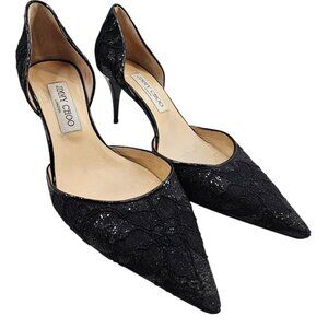 Jimmy Choo Womens 39.5‎ Mariella D'Orsay Black Glitter Floral Pumps